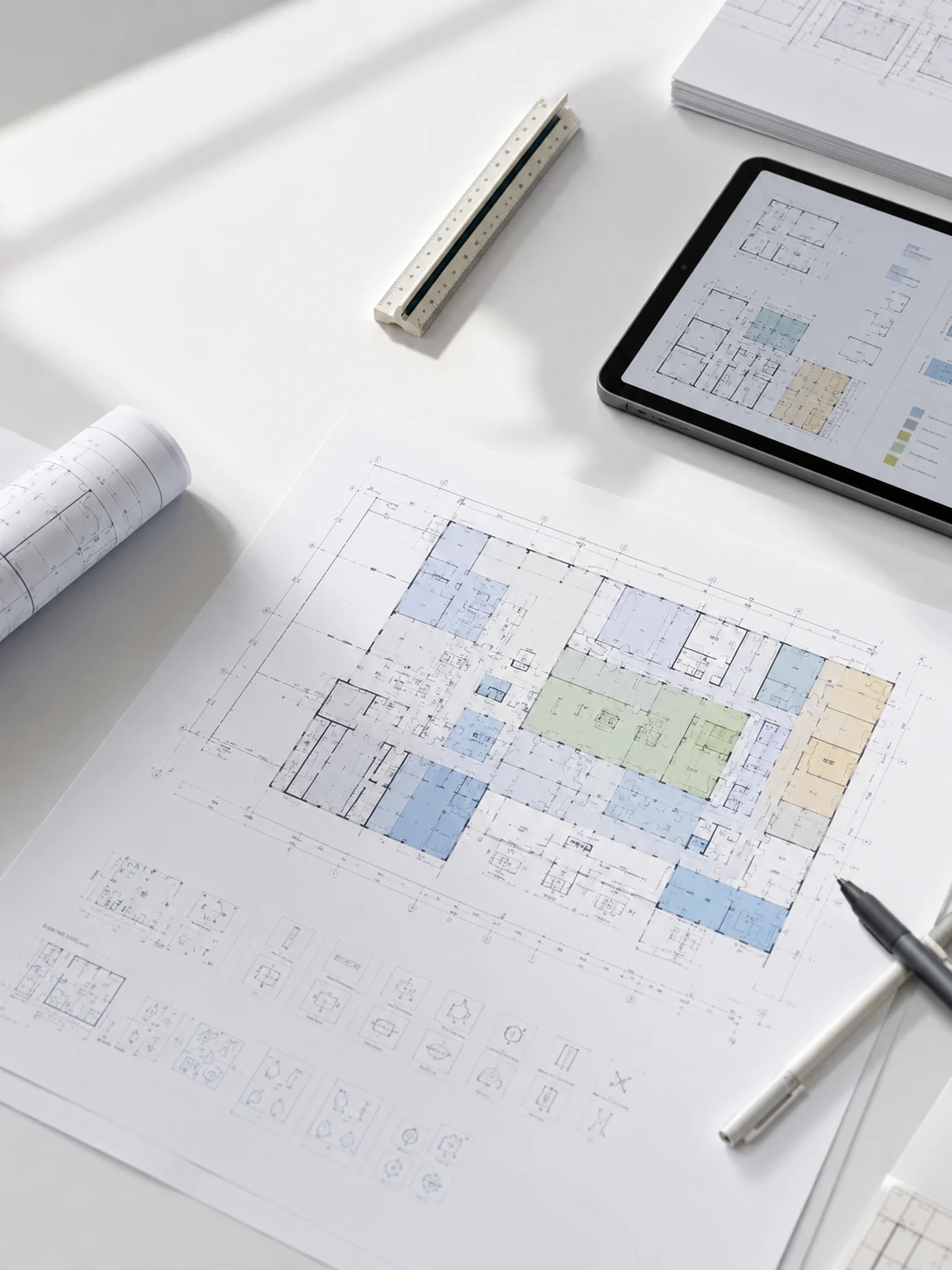 Hospital planning drawings and clinical zoning on a clean consulting workspace