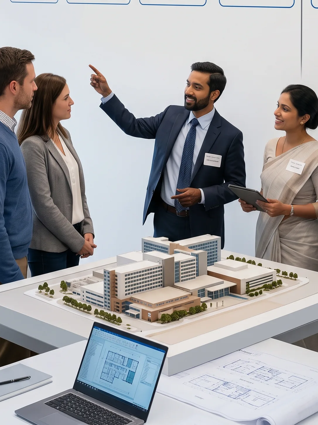 Healthcare consultants reviewing hospital planning services with a facility model, drawings, and digital plans