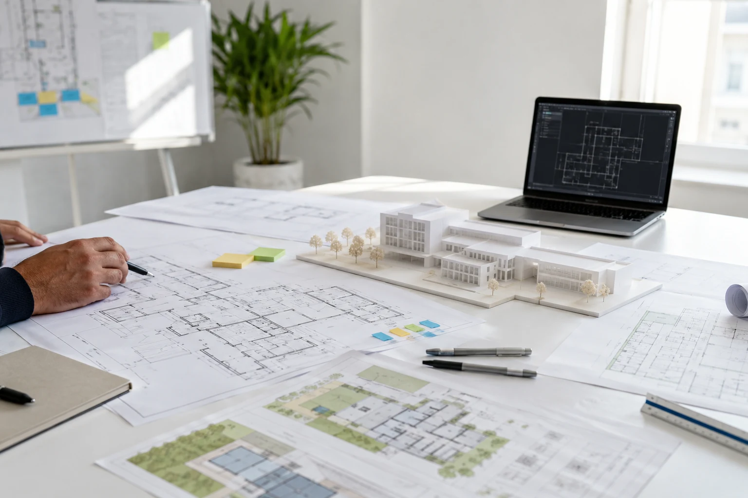 Healthcare project plans reviewed with architectural drawings and a facility model